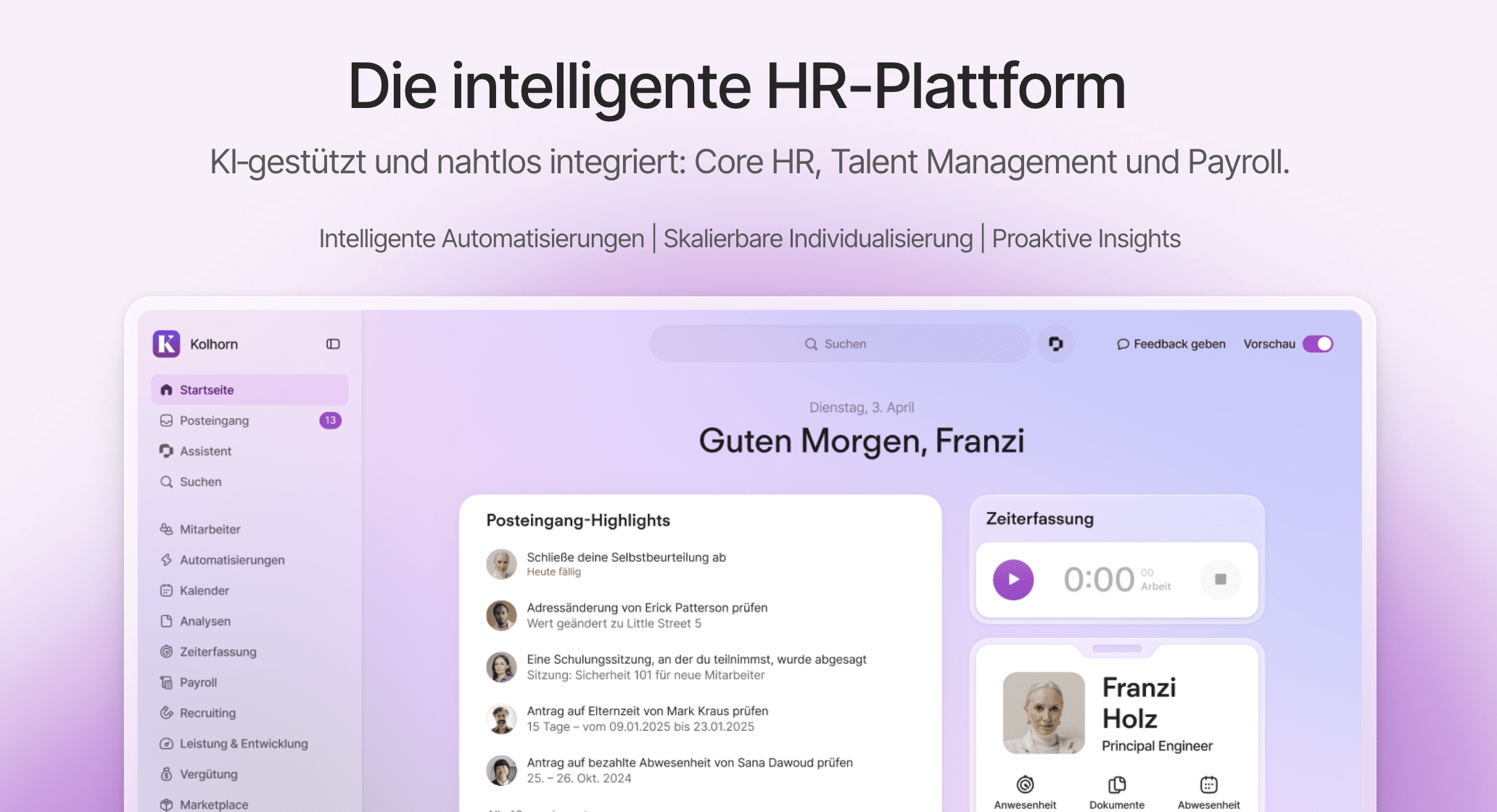 Dashboard einer KI-gestützten HR-Plattform mit Mitarbeiterübersicht