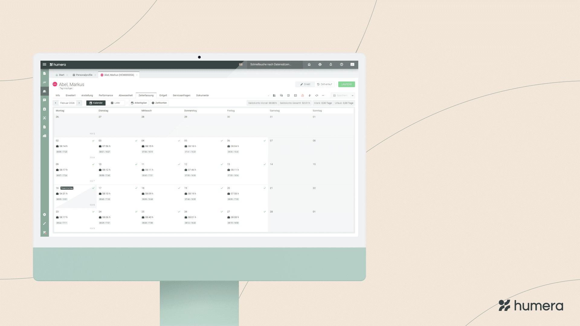 HR-Software mit Zeiterfassungs-Kalender auf Monitor