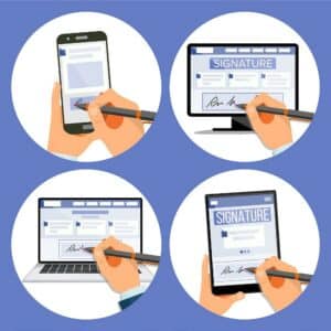 Electronic Signature Set Vector. Internet Document. Electronic Contract. Computer. Businessman Hands. Isolated Flat Illustration