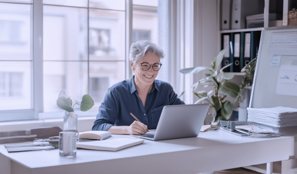 Person arbeitet lächelnd am Laptop im Büro