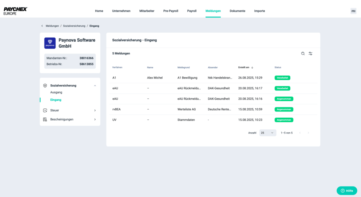 Paychex-Portal mit eingegangenen Sozialversicherungsmeldungen