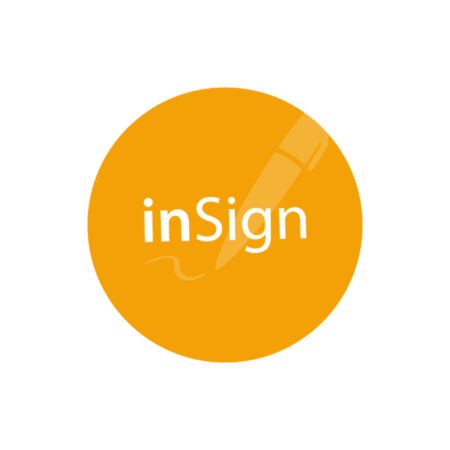 Logo von inSign, orange mit Stift