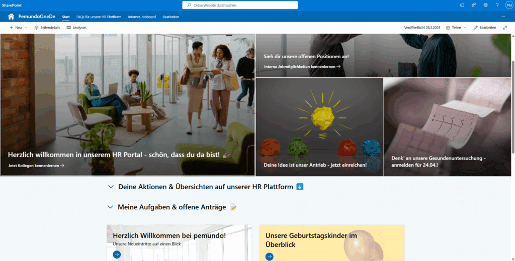 HR-Portal Startseite mit Begrüßung und Ankündigungen