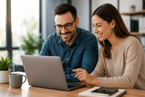 Paar arbeitet gemeinsam am Laptop im Homeoffice