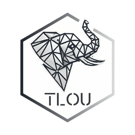 Geometrischer Elefantenkopf in Hexagon mit Schriftzug TLOU