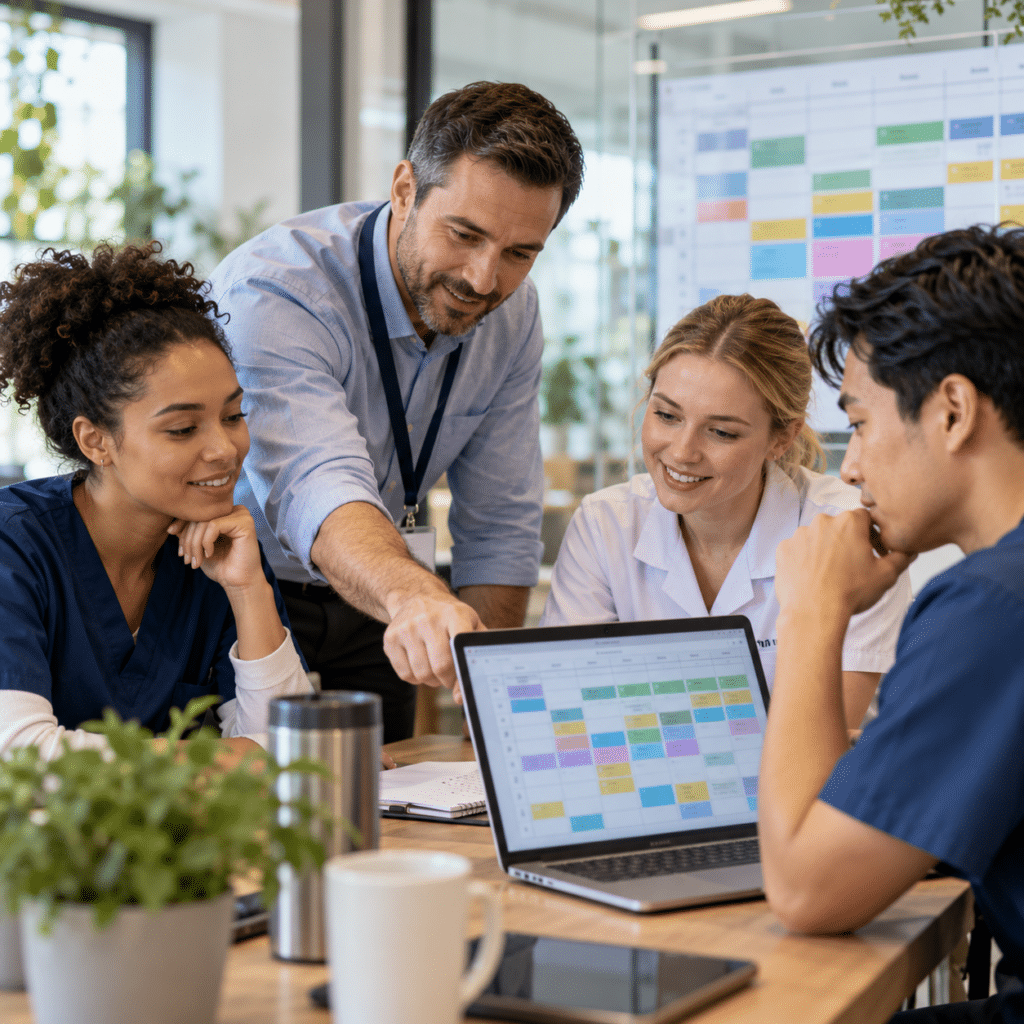 Team plant gemeinsam Dienstplan am Laptop