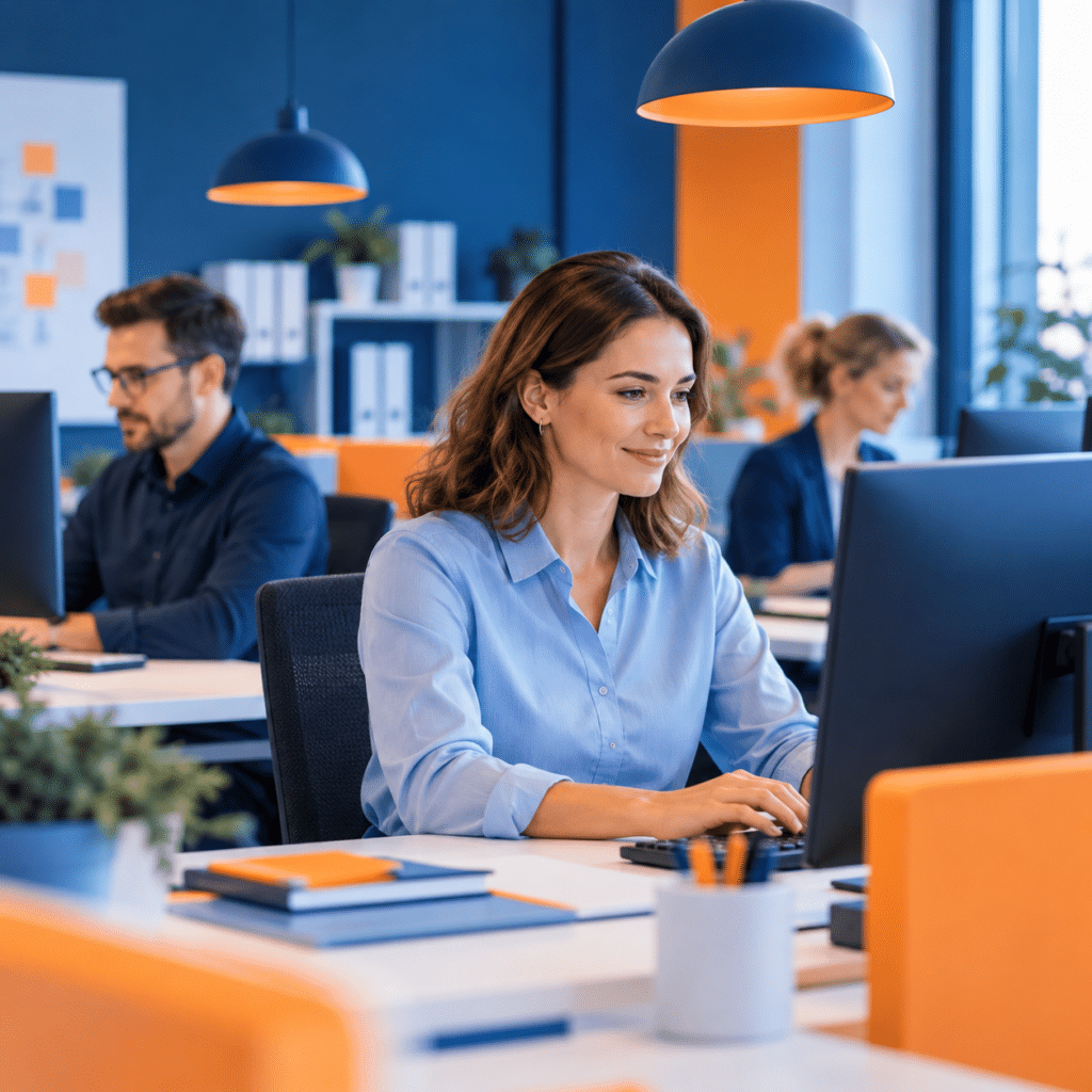 Frau arbeitet konzentriert am Computer im modernen Büro